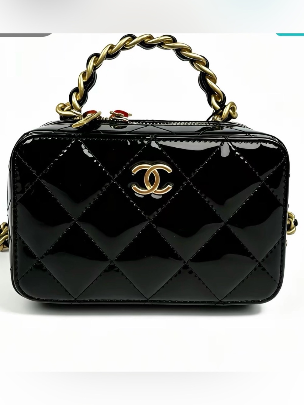 CHANEL Black Mini quilted Patent Leather Top-Handle Vanity Bag GHW